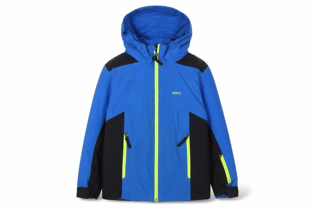 Front view of Wedze boys’ blue basic coat coat, size 6, years zip - zip pockets