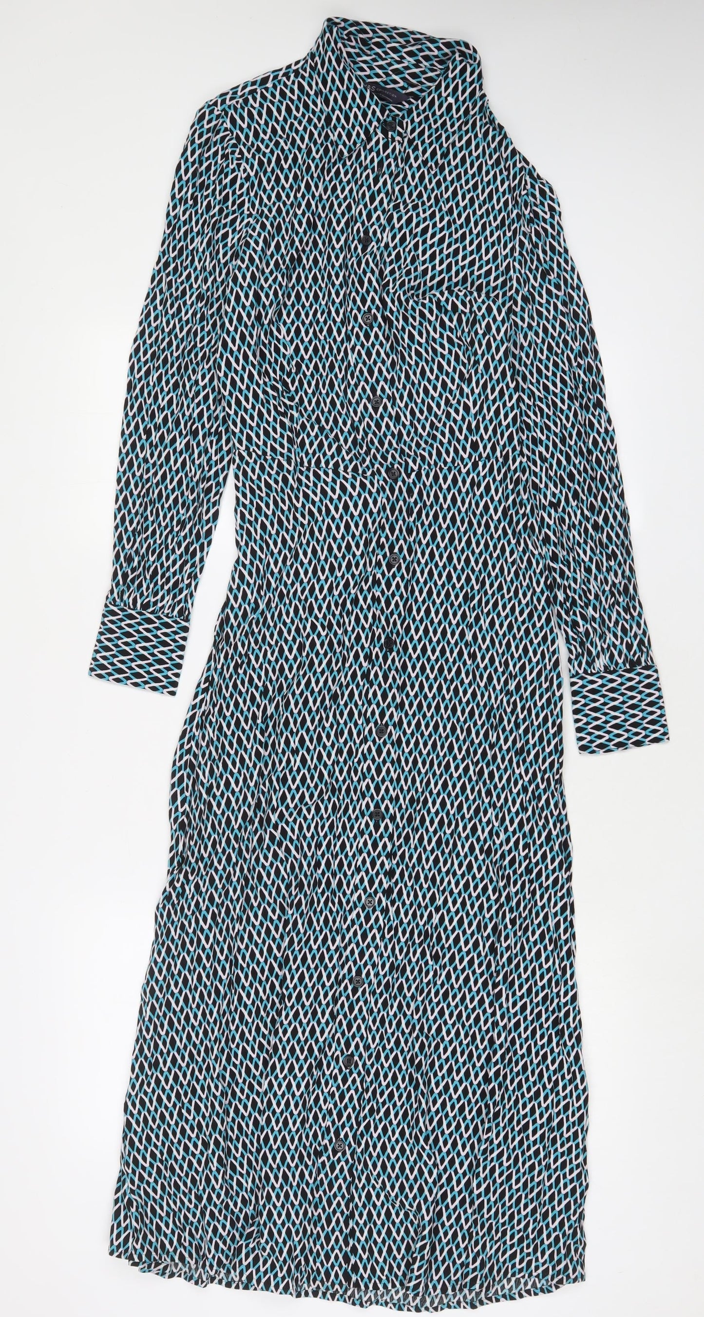 Marks and Spencer Womens Multicoloured Geometric Viscose A-Line Size 6 Collared Button