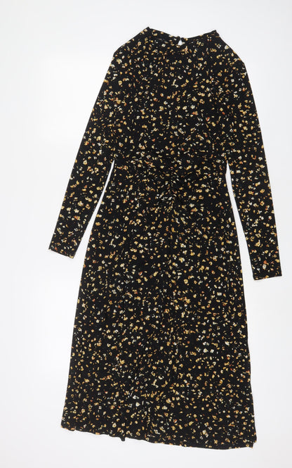 Topshop Womens Black Floral Polyester A-Line Size 8 Round Neck Button