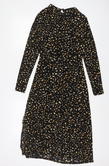 Topshop Womens Black Floral Polyester A-Line Size 8 Round Neck Button