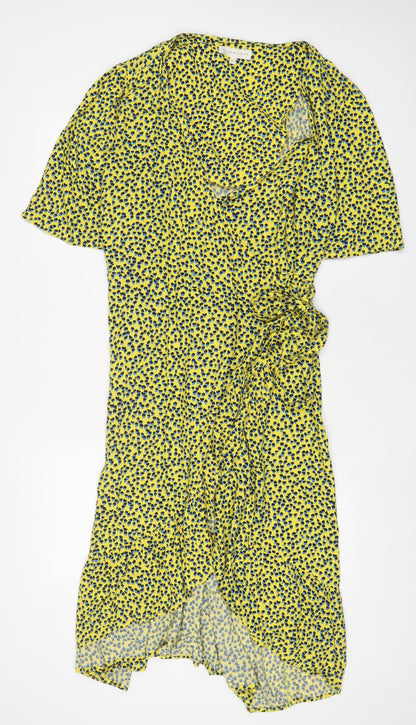 NEXT Womens Yellow Geometric Viscose Wrap Dress Size 16 V-Neck Tie