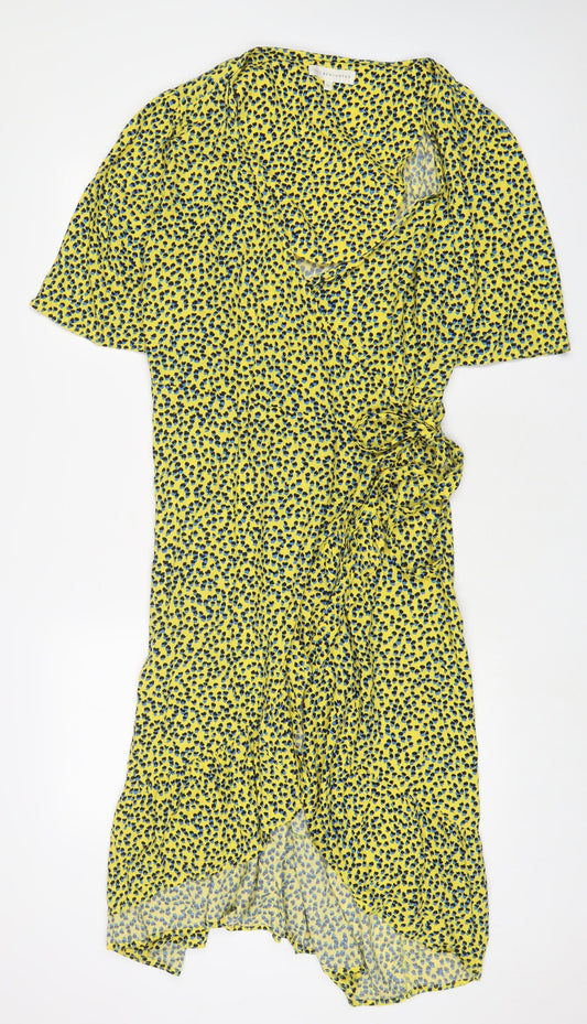 NEXT Womens Yellow Geometric Viscose Wrap Dress Size 16 V-Neck Tie