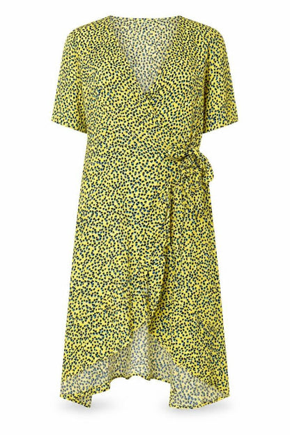 Next Womens Yellow Geometric Viscose Wrap Dress Size 16 V-Neck Tie