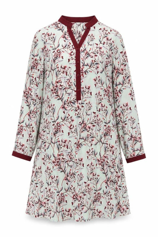 Rupali Womens Blue Floral Polyester A-Line Size M V-Neck Button