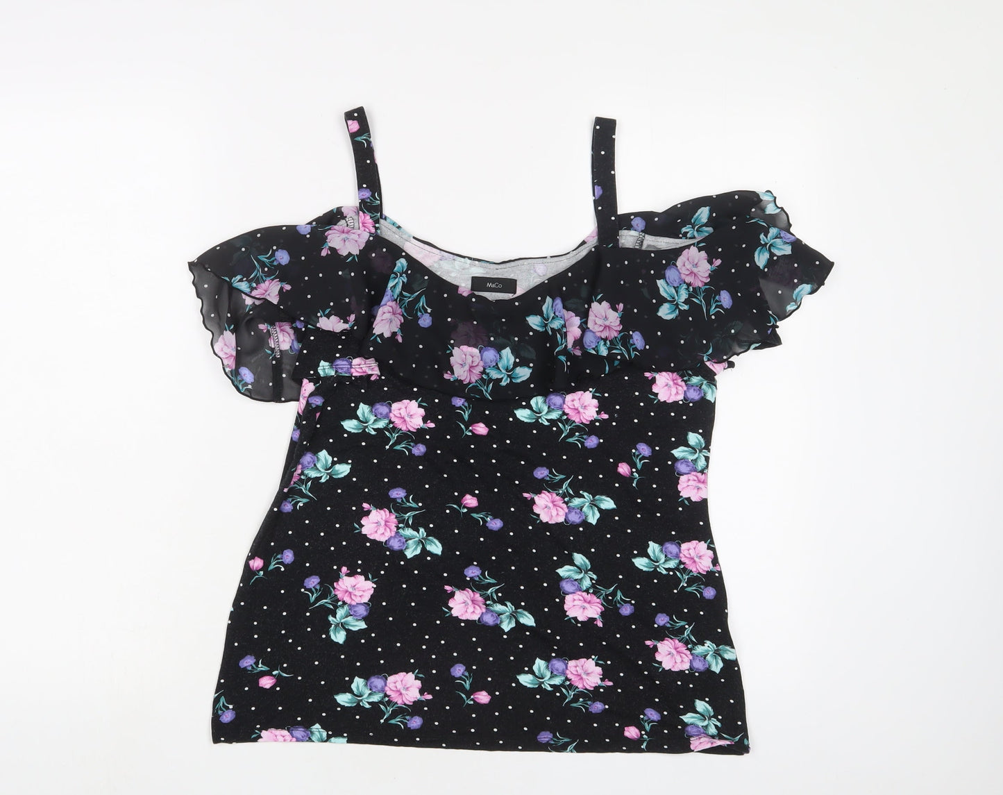 M&Co Womens Black Floral Viscose Basic Tank Size 10 V-Neck