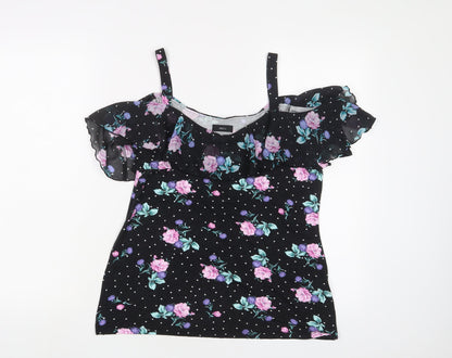 M&Co Womens Black Floral Viscose Basic Tank Size 10 V-Neck