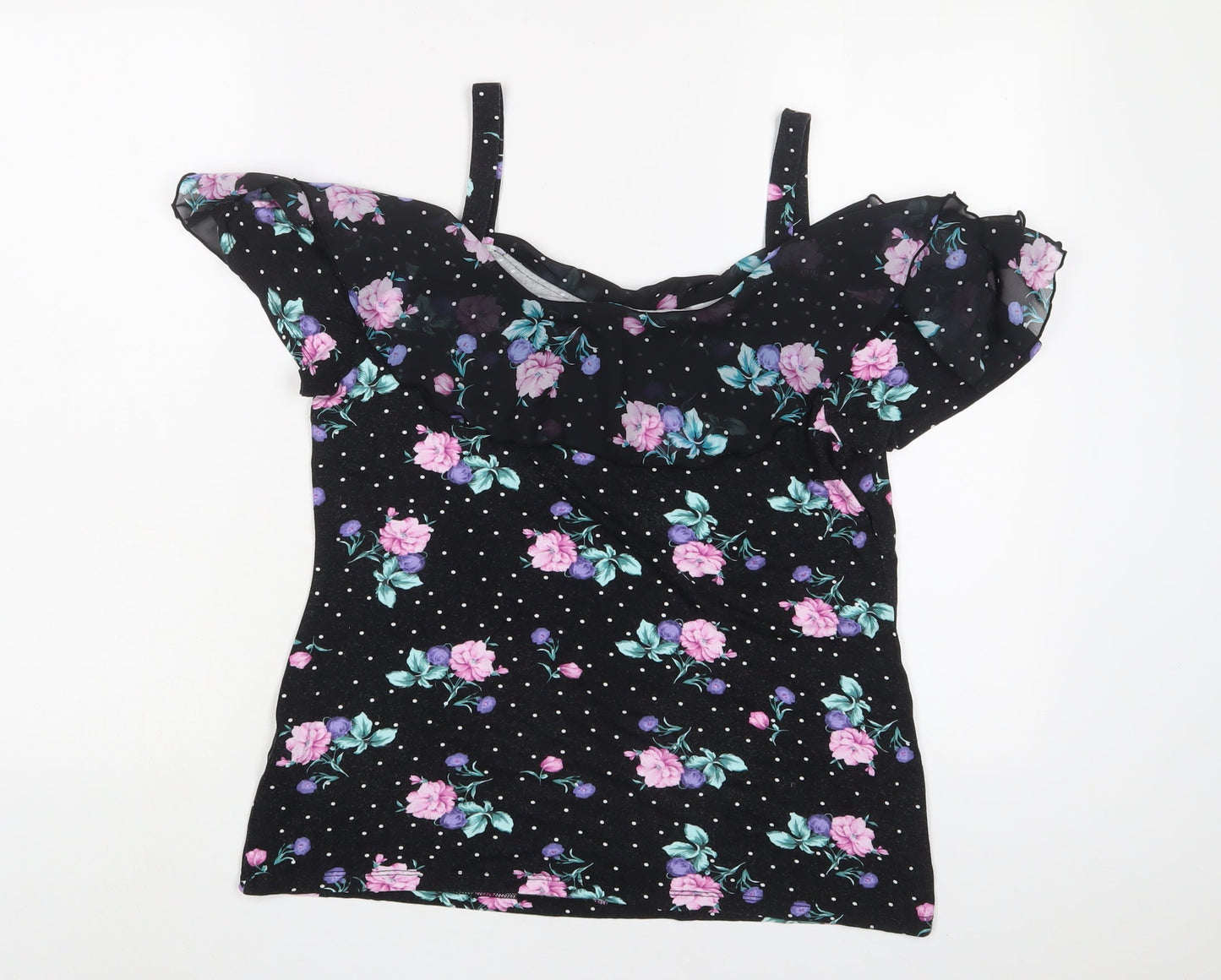 M&Co Womens Black Floral Viscose Basic Tank Size 10 V-Neck