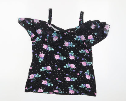 M&Co Womens Black Floral Viscose Basic Tank Size 10 V-Neck