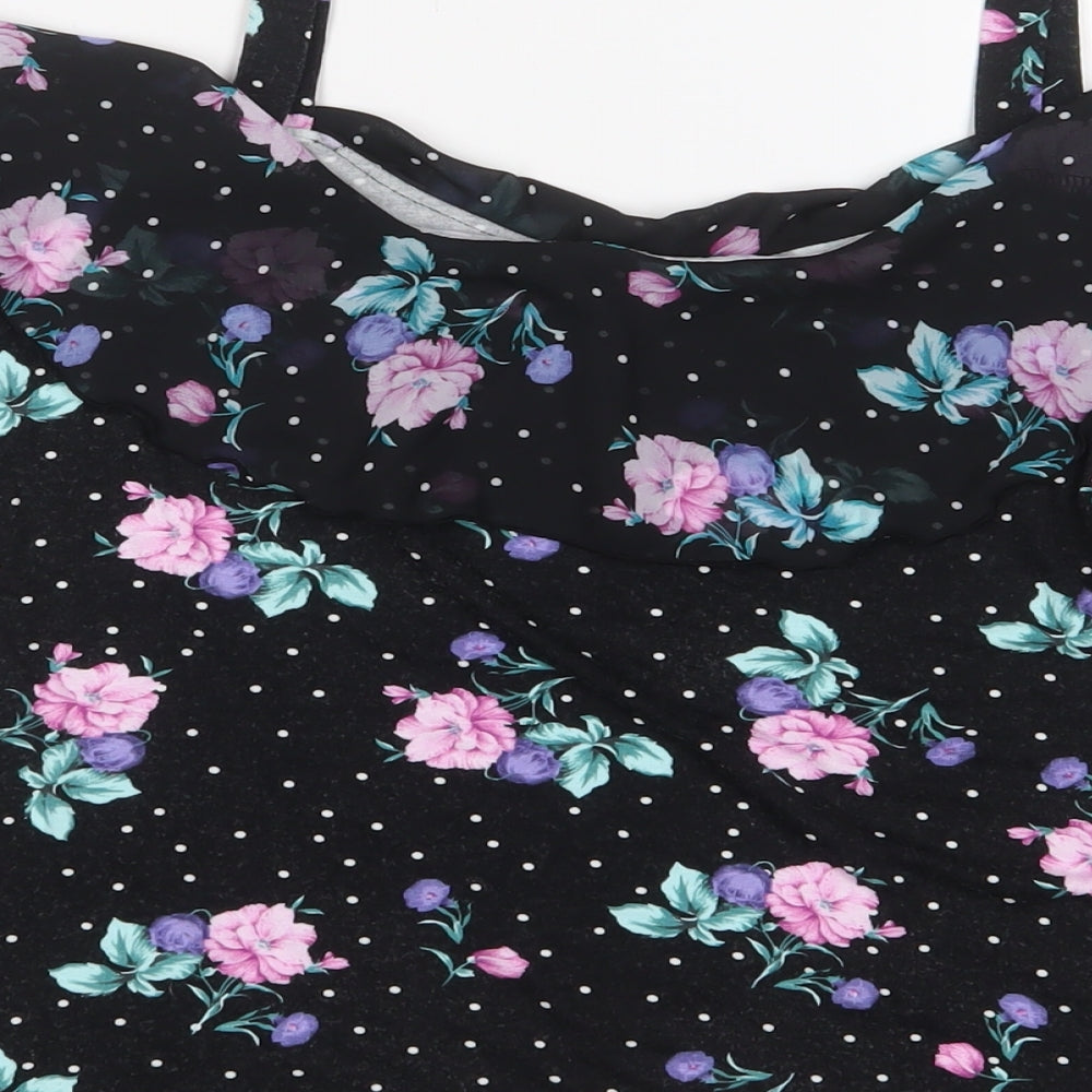 M&Co Womens Black Floral Viscose Basic Tank Size 10 V-Neck