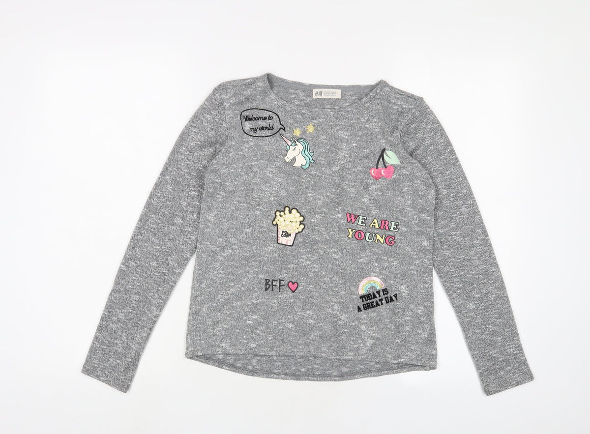 Additional front view of H&M girls’ grey polyester basic t-shirt, size 10-11, years collared pullover