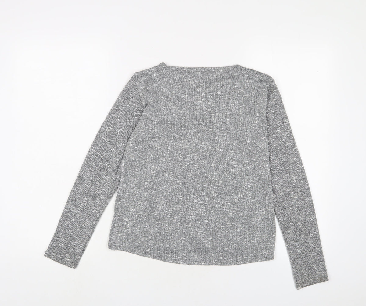 Back view of H&M girls’ grey polyester basic t-shirt, size 10-11, years collared pullover