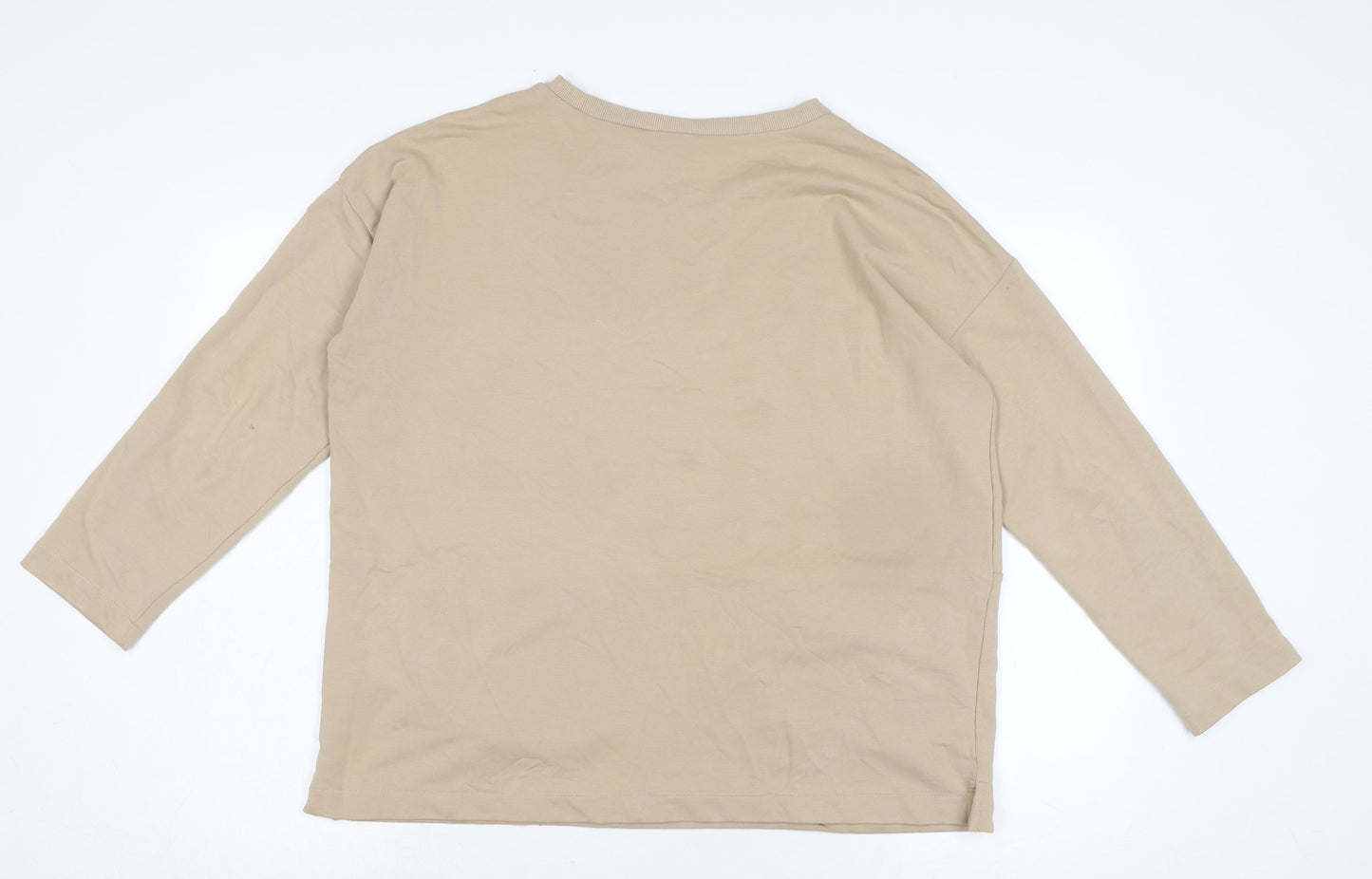 Dreams Womens Beige Cotton Basic T-Shirt Size S Crew Neck - Pockets to front.