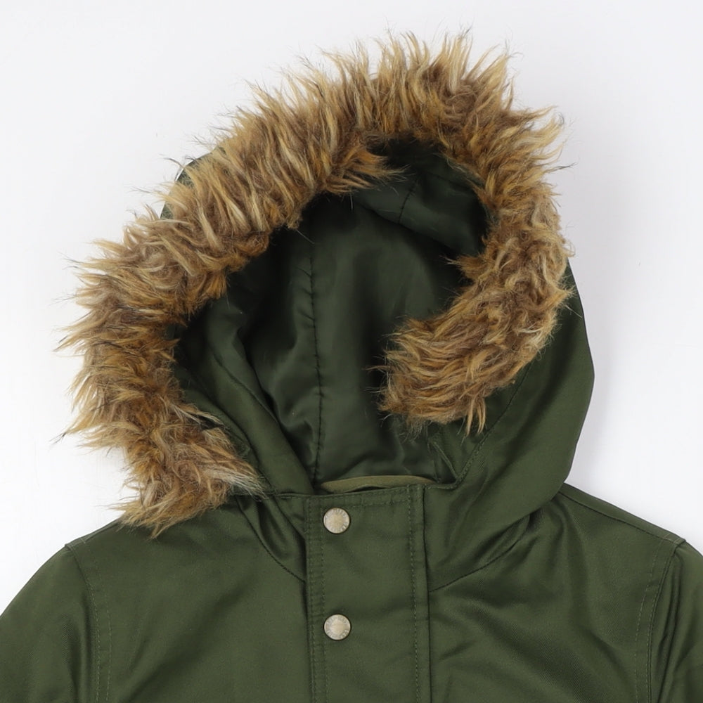 Close-up detail of Gap boys’ green overcoat coat, size S, zip