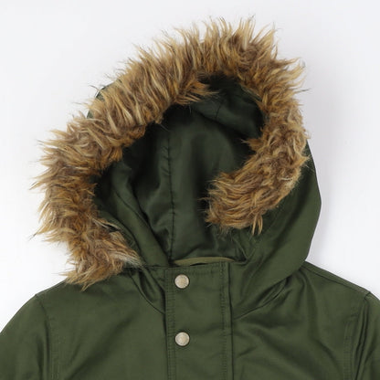 Close-up detail of Gap boys’ green overcoat coat, size S, zip