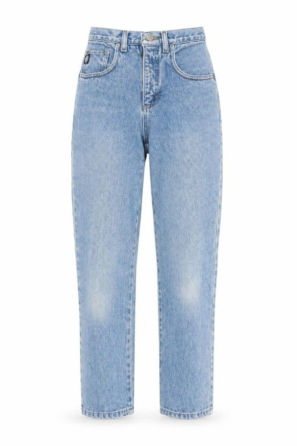 Front view of Only Brand women’s blue cotton mom jeans, size UK 34, in, 26-inch leg regular