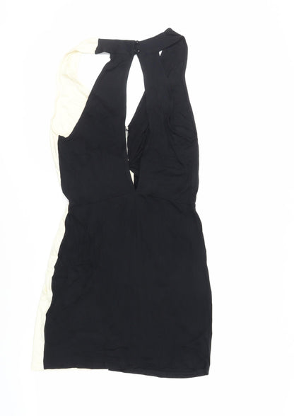 ASOS Womens Black Colourblock Viscose Bodycon Size 10 V-Neck Button - Cut Out Back Detail