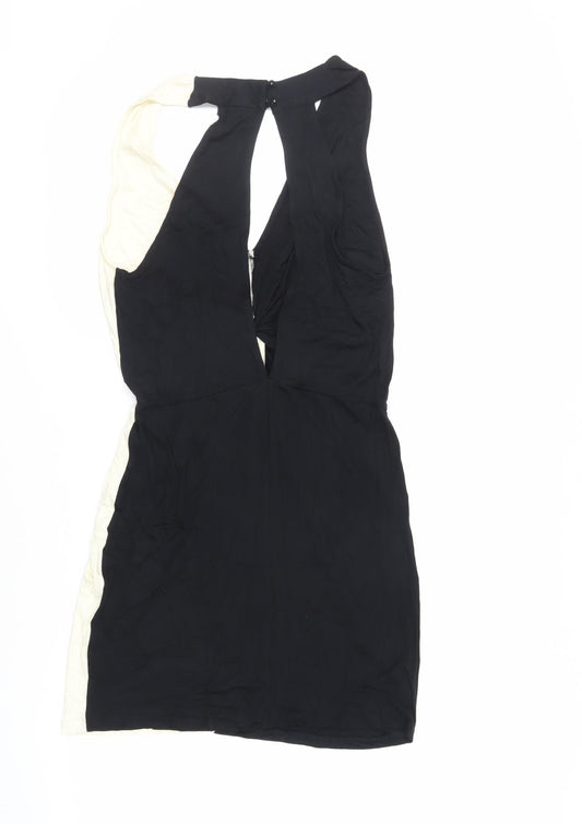 ASOS Womens Black Colourblock Viscose Bodycon Size 10 V-Neck Button - Cut Out Back Detail