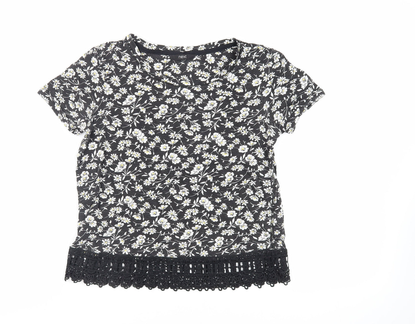 NEXT Womens Black Floral Cotton Basic T-Shirt Size 6 Round Neck - Crocheted Lace Detail