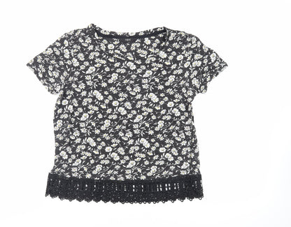 NEXT Womens Black Floral Cotton Basic T-Shirt Size 6 Round Neck - Crocheted Lace Detail