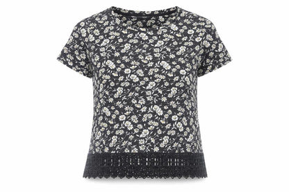 Next Womens Black Floral Cotton Basic T-Shirt Size 6 Round Neck - Crocheted Lace Detail