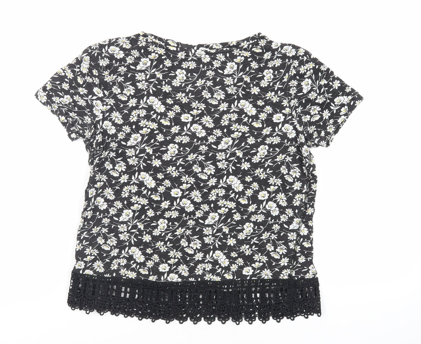 NEXT Womens Black Floral Cotton Basic T-Shirt Size 6 Round Neck - Crocheted Lace Detail