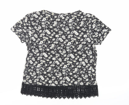 NEXT Womens Black Floral Cotton Basic T-Shirt Size 6 Round Neck - Crocheted Lace Detail