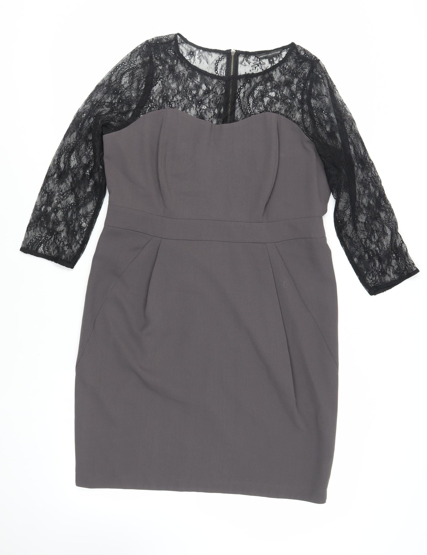 Marks and Spencer Womens Grey Polyester Pencil Dress Size 16 Round Neck Zip - Lace Sleeve
