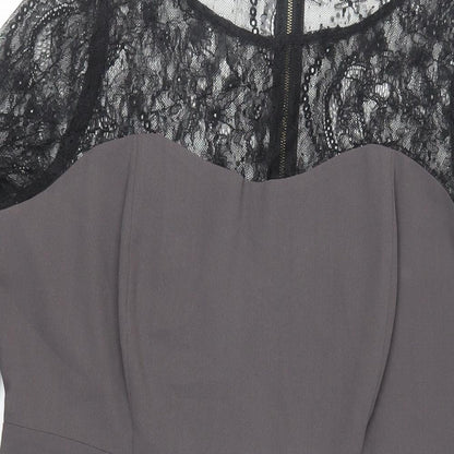 Marks and Spencer Womens Grey Polyester Pencil Dress Size 16 Round Neck Zip - Lace Sleeve