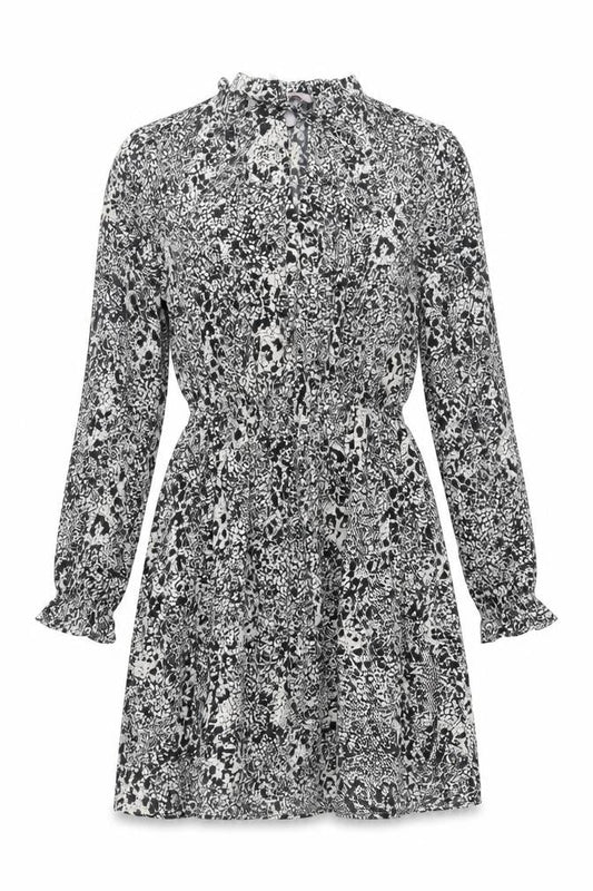 Front view of H7M women’s black geometric polyester fit & flare, size UK 6, round neck - elasticated waist