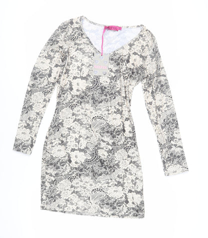 Boohoo Womens Beige Floral Polyester Mini Size 16 V-Neck Pullover