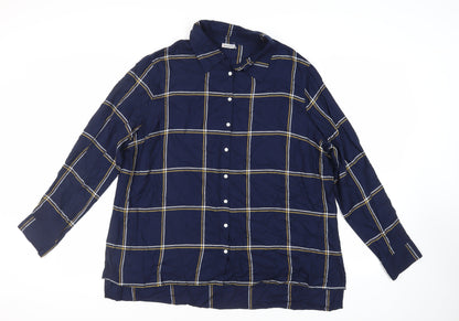 Damart Womens Blue Plaid Viscose Basic Button-Up Size 24 Collared