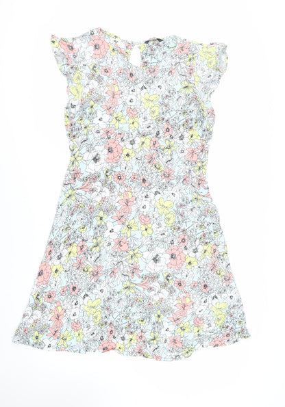 Marks and Spencer Womens Blue Floral Viscose A-Line Size 10 Round Neck Button