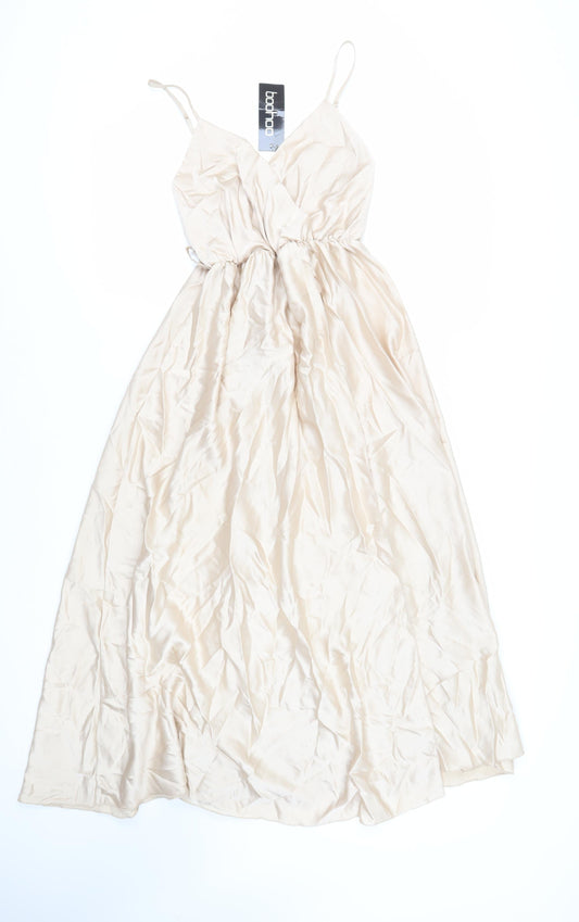 Boohoo Womens Beige Polyester Slip Dress Size 10 V-Neck - Elasticated Waist