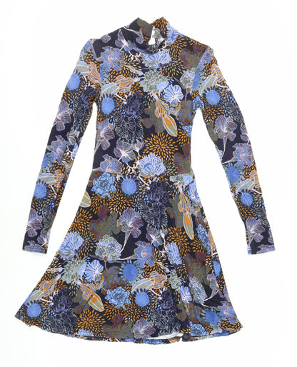 H&M Womens Blue Floral Viscose Skater Dress Size XS Mock Neck Button