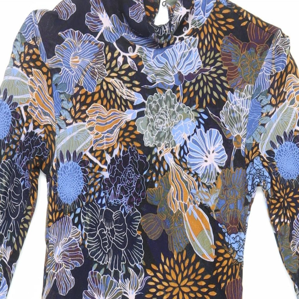 H&M Womens Blue Floral Viscose Skater Dress Size XS Mock Neck Button