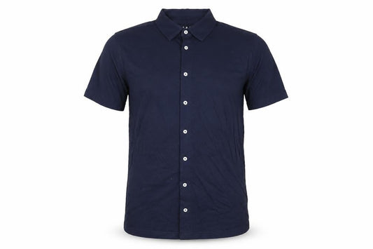 Front view of boohooMAN men’s blue cotton polo, size S, collared button