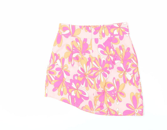 PRETTYLITTLETHING Womens Pink Floral Polyester Mini Skirt Size 8 Zip