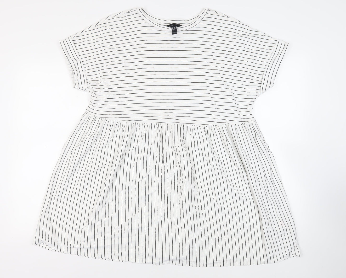New Look Womens White Striped Cotton T-Shirt Dress Size 12 Round Neck Pullover