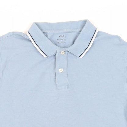 Marks and Spencer Mens Blue Cotton Polo Size M Collared Button
