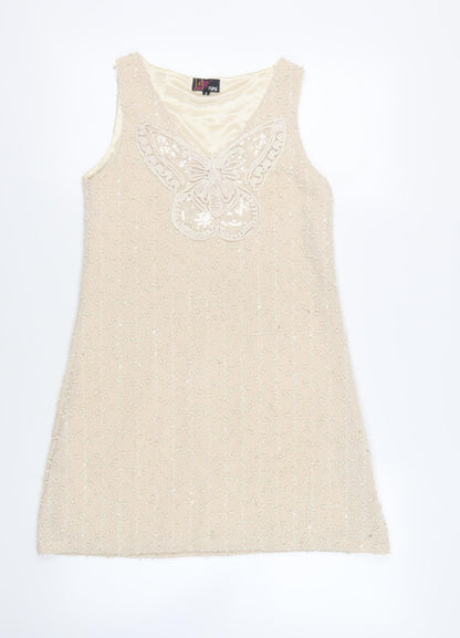 Yumi Womens Beige Polyester Shift Size S V-Neck Pullover - Sequins Textured