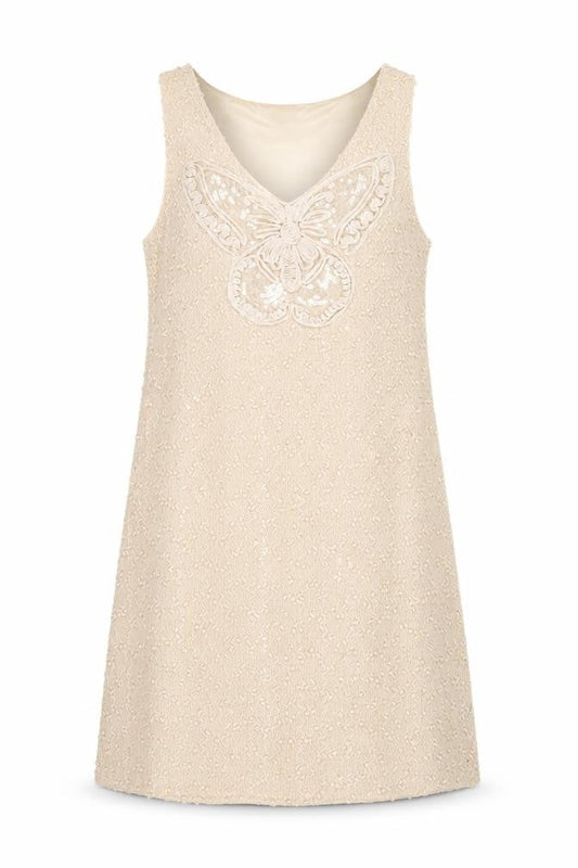 Yumi Womens Beige Polyester Shift Size S V-Neck Pullover - Sequins Textured