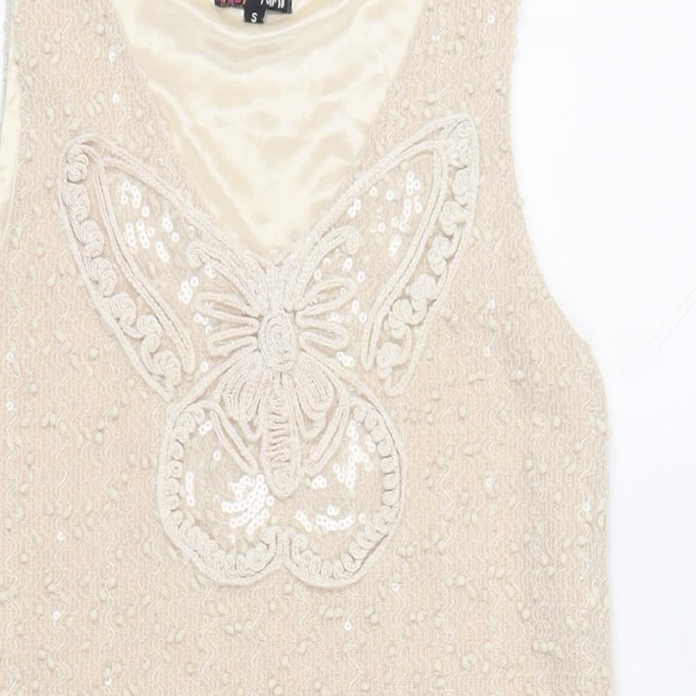 Yumi Womens Beige Polyester Shift Size S V-Neck Pullover - Sequins Textured