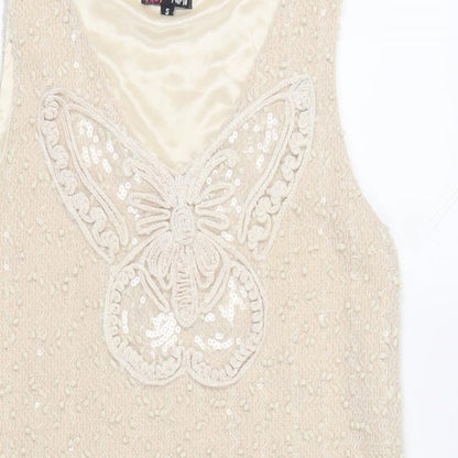 Yumi Womens Beige Polyester Shift Size S V-Neck Pullover - Sequins Textured