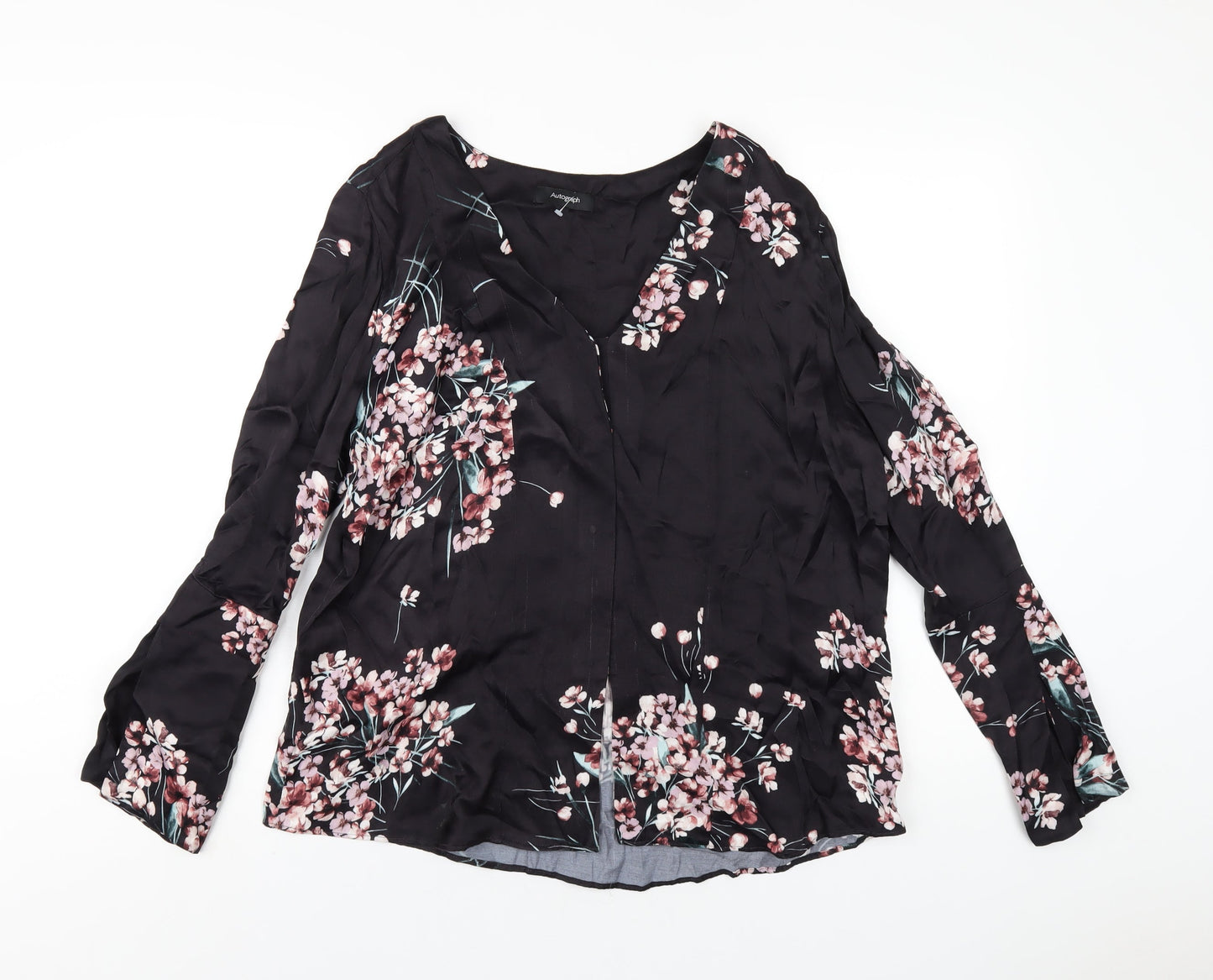 Autograph Womens Black Floral Viscose Basic T-Shirt Size 16 V-Neck