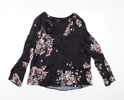 Autograph Womens Black Floral Viscose Basic T-Shirt Size 16 V-Neck