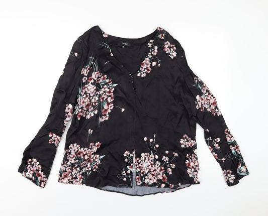 Autograph Womens Black Floral Viscose Basic T-Shirt Size 16 V-Neck