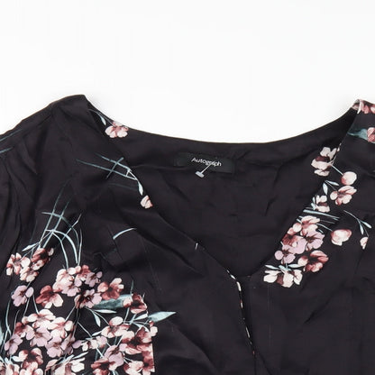 Autograph Womens Black Floral Viscose Basic T-Shirt Size 16 V-Neck