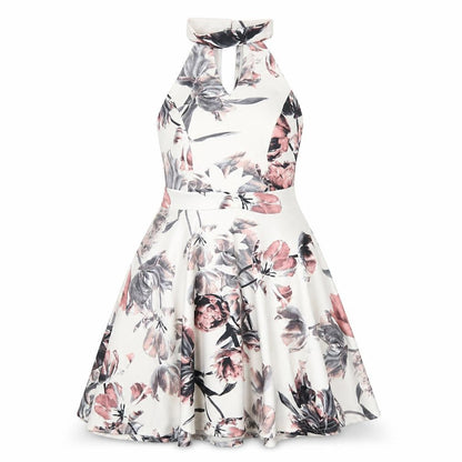 Select Womens White Floral Polyester A-Line Size 8 Round Neck Button
