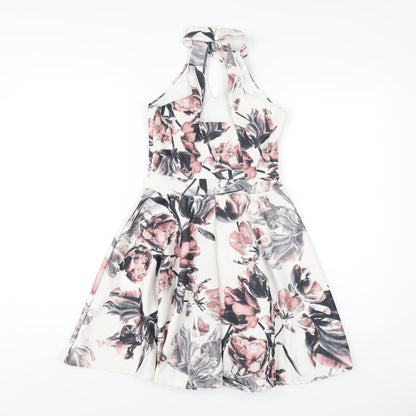 Select Womens White Floral Polyester A-Line Size 8 Round Neck Button