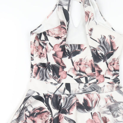 Select Womens White Floral Polyester A-Line Size 8 Round Neck Button